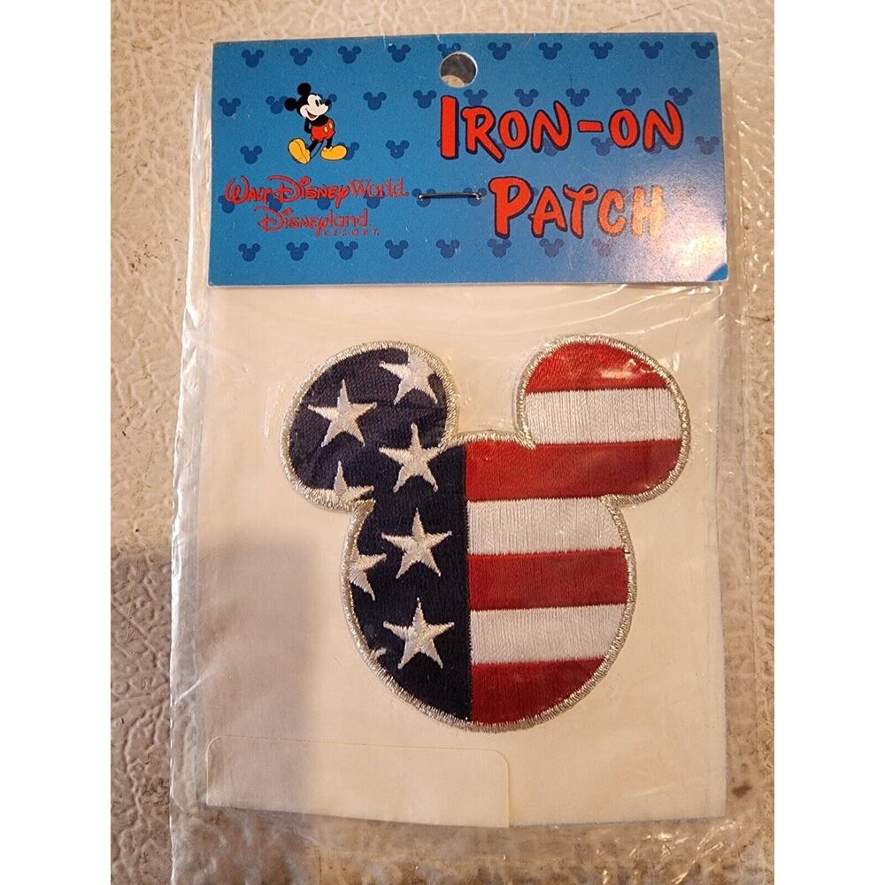 Vintage Unused MOC‎ Mickey Mouse Head Iron On Patch American Flag Made In Taiwan